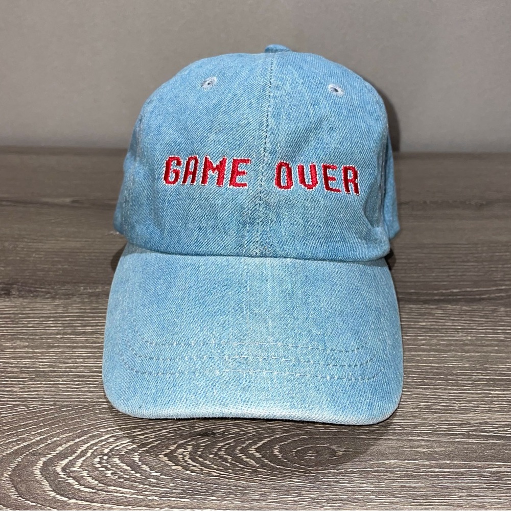 RETRO GAME OVER Video Game Style Doses Blue Denim Look Adjustable Hat